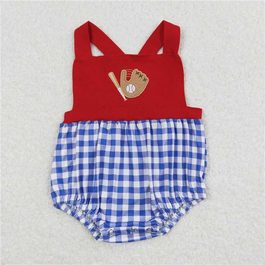 SR0616 Baby Infant Boys Baseball Red Blue Checkered Rompers