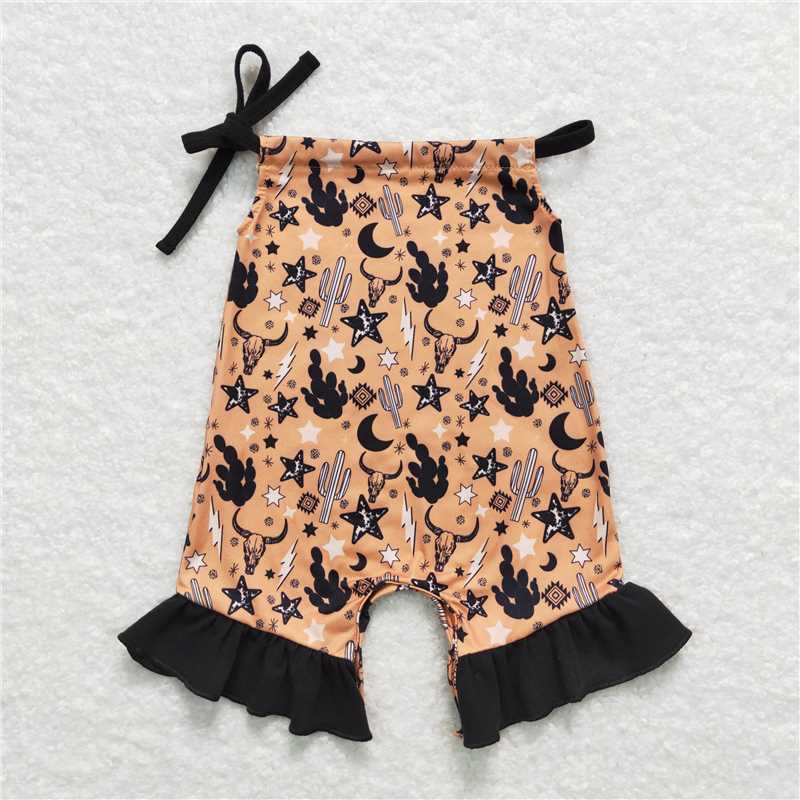 SR1239  Baby Girls Straps Western Cactus Cows Brown Rompers