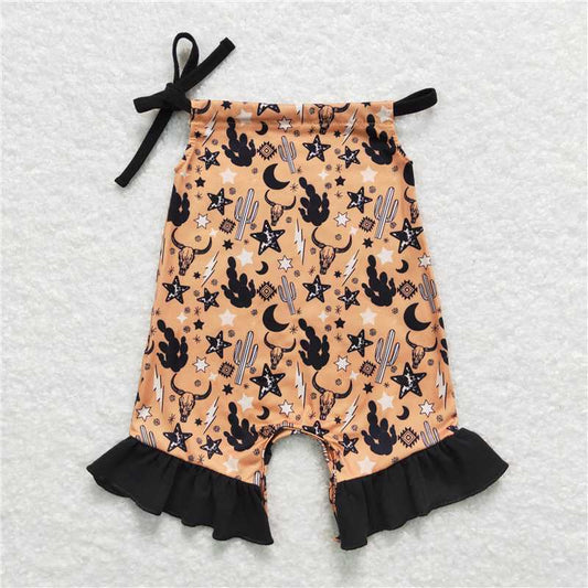 SR1239  Baby Girls Straps Western Cactus Cows Brown Rompers