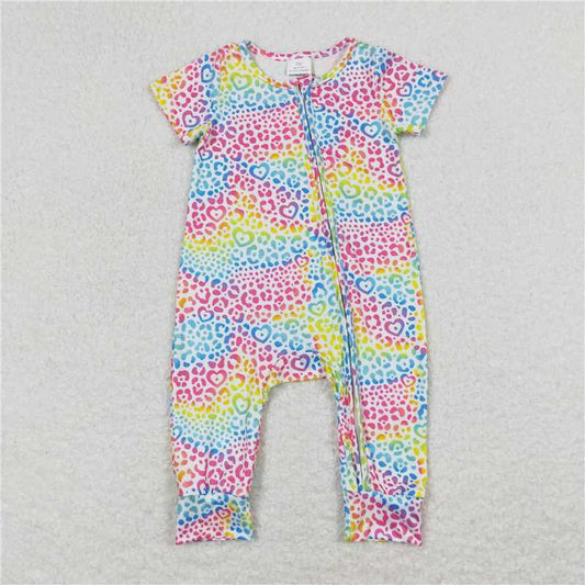 SR0977  Baby Infant Girls Colorful Leopard Zip Short Sleeve Rompers
