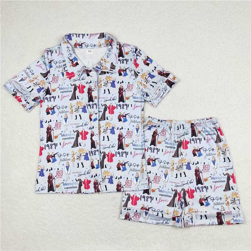 BSSO0773  Adult Blue Color Singer Short Sleeve Buttons Tee Shorts Pajamas Sets