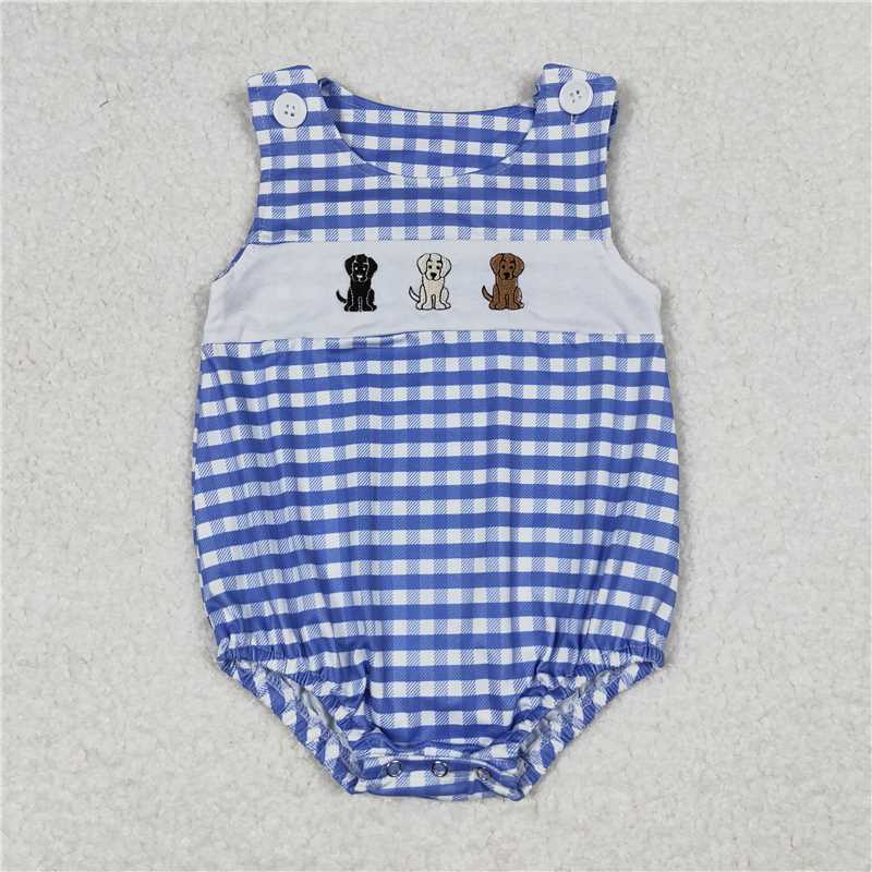 SR1048 RTS NO MOQ Baby Boys Summer Rompers Baby Infant Boys Dogs Blue Checkered Sleeveless Rompers