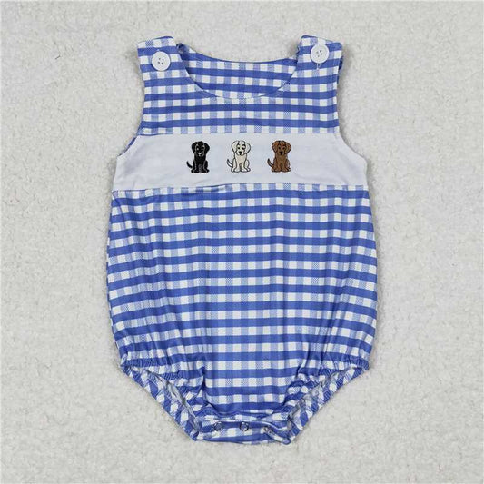 SR1048 RTS NO MOQ Baby Boys Summer Rompers Baby Infant Boys Dogs Blue Checkered Sleeveless Rompers
