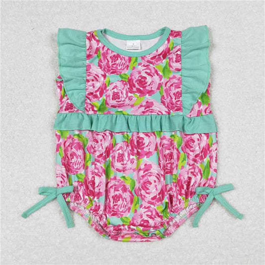 SR1034  Baby Infant Girls Ruffle Pink Rose Flowers Rompers