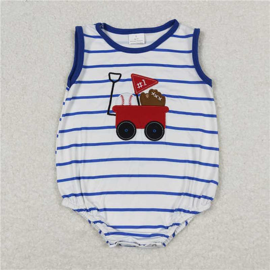 SR0935 Baby Infant Boys Baseball Blue Stripes Sleeveless Rompers
