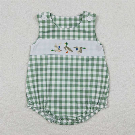 USA Warehouse (IN STOCK) SR1066 Green plaid sleeveless duck baby boys summer romper