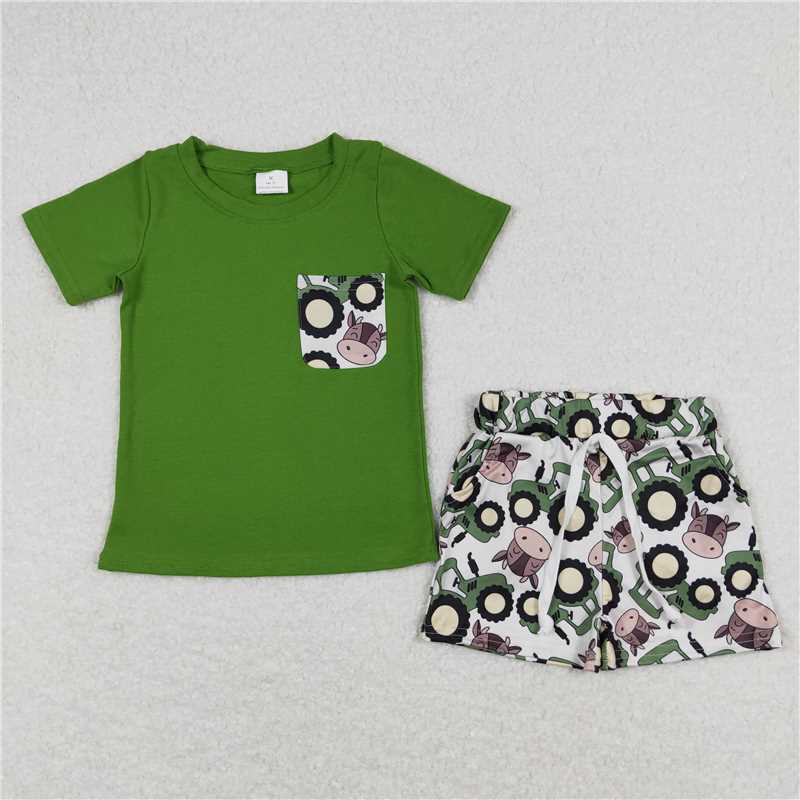 BSSO0703 Baby Boys Green Pocket Shirt Tops Tractors Farm Shorts Clothes Sets