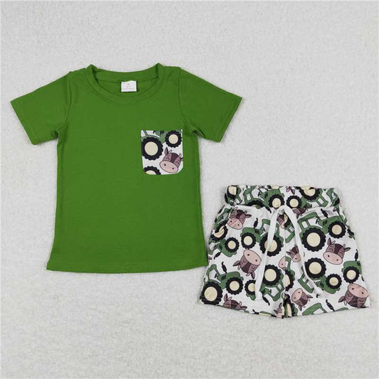 BSSO0703 Baby Boys Green Pocket Shirt Tops Tractors Farm Shorts Clothes Sets