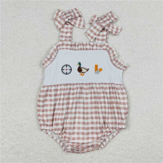 SR1008  Baby Infant Girls Brown Checkered Duck Rompers