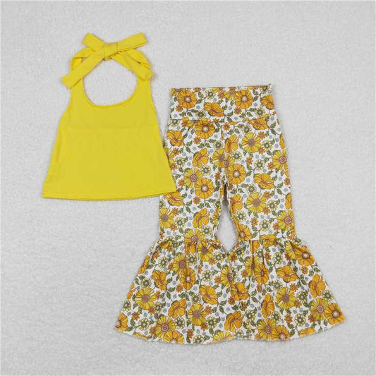 GSPO1430 Solid turmeric halter top and floral trousers set