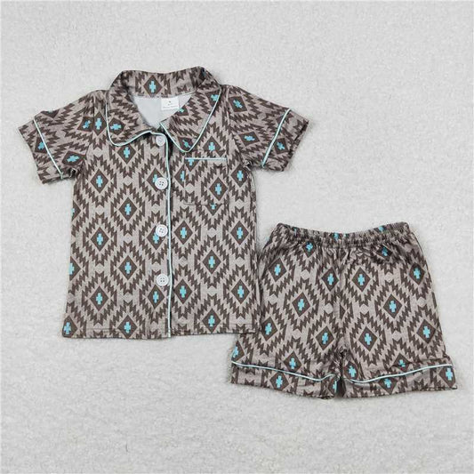 BSSO0560 Baby Girls Boys Western Aztec Buttons Shirts Shorts Pajamas Clothes Sets
