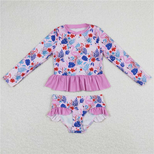 S0263  Baby Girls Pink Flamingo Long Sleeve Top Bummie Swimsuits