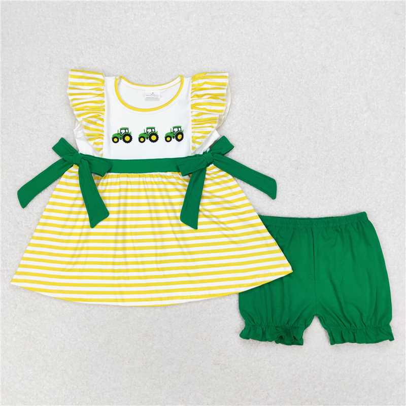 GSSO1223 Farm tractor yellow stripe green bow shorts set with flying sleeves