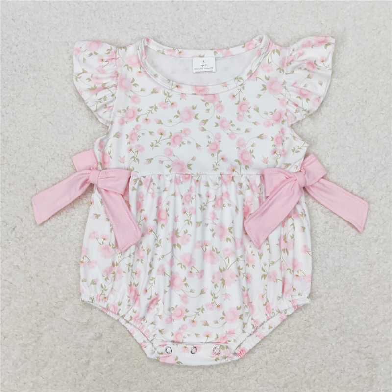 SR1765 RTS NO MOQ Baby Girls Summer Rompers Baby Infant Girls Light Pink Flowers Bows Rompers