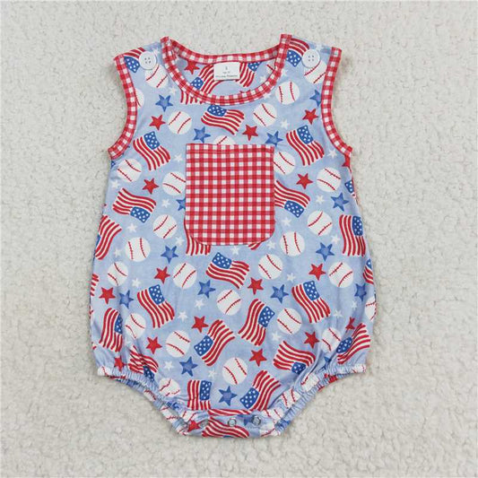 SR1563 Baby Boys Baseball Flags 4th Of July Summer Rompers