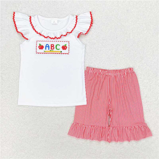 12.29 RTS NO MOQ （In stock）GSSO1115 Baby Girls Back Top School ABC Shirt Ruffle Shorts Clothes Sets