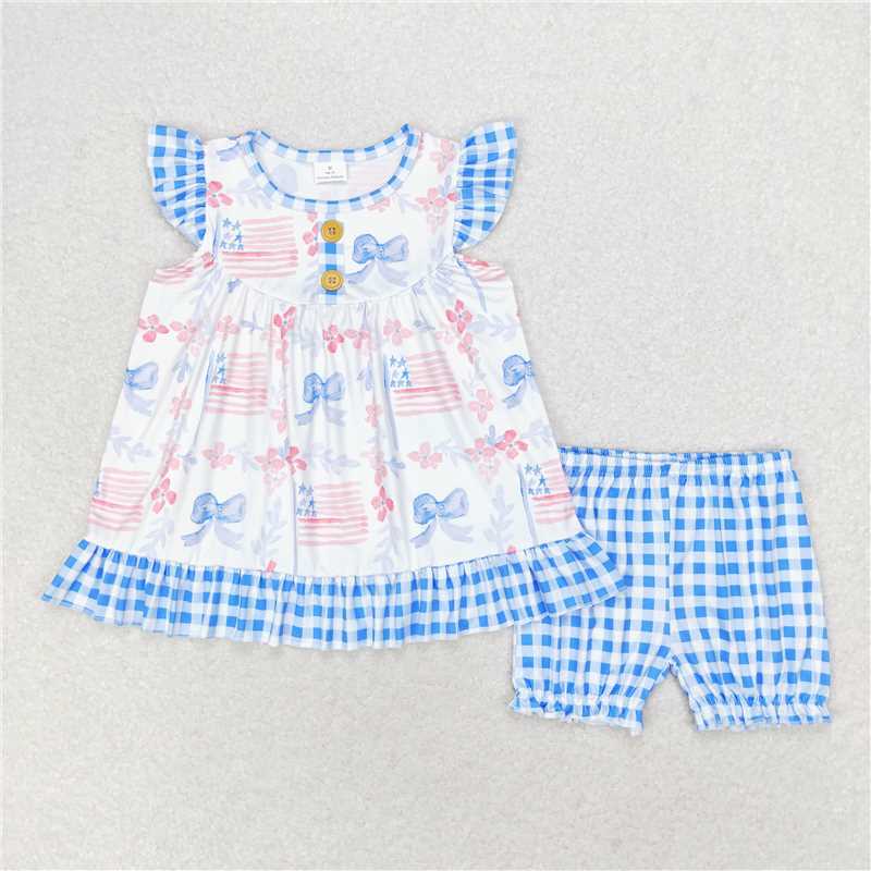 GSSO1139 Flower blue bow flag plaid flying sleeve shorts set