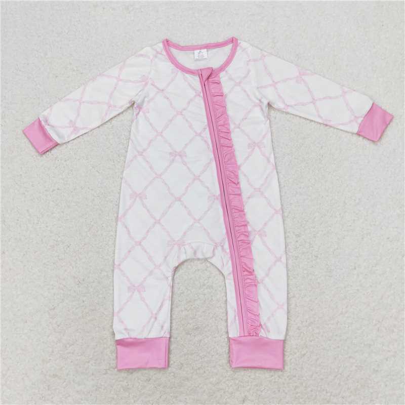 USA Warehouse (IN STOCK) LR0921 Baby Girls Pink Bows Zip Ruffle Long Sleeve Bamboo Rompers