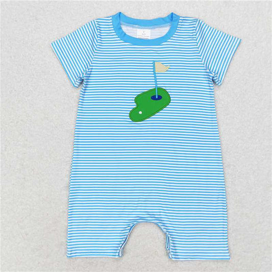 SR1044 Baby Infant Boys Golf Blue Stripes Short Sleeve Rompers
