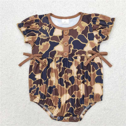 SR1682 Baby Infant Girls Brown Camo Bows Short Sleeve Rompers