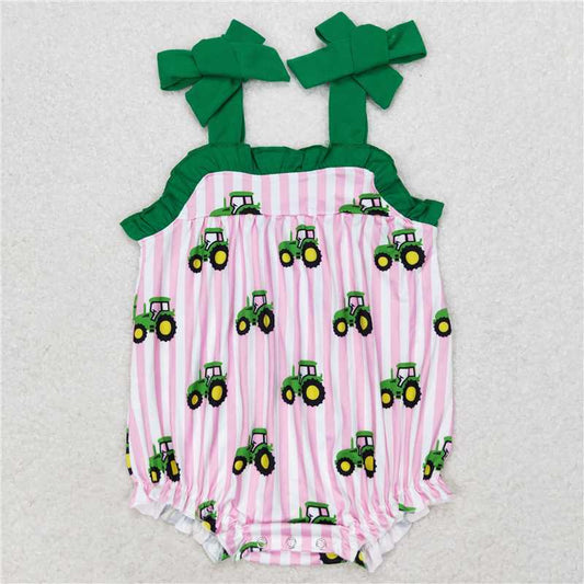 SR1623  Baby Girls Pink Stripes Tractors Summer Rompers