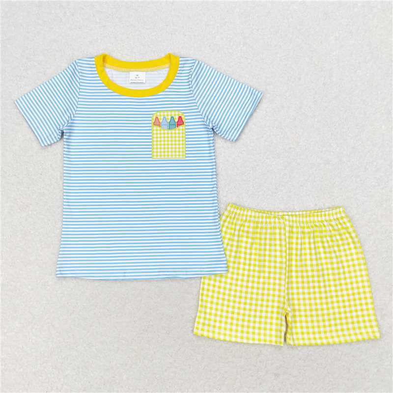 BSSO0983 Baby Boys Blue Stripes Back To School Pencil Shirt Shorts Clothes Sets