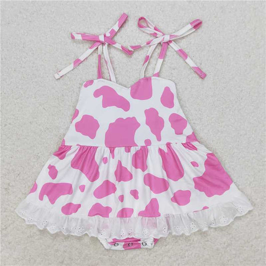 SR1549  Baby Infant Girls Pink Cow Print Straps Bummie Rompers