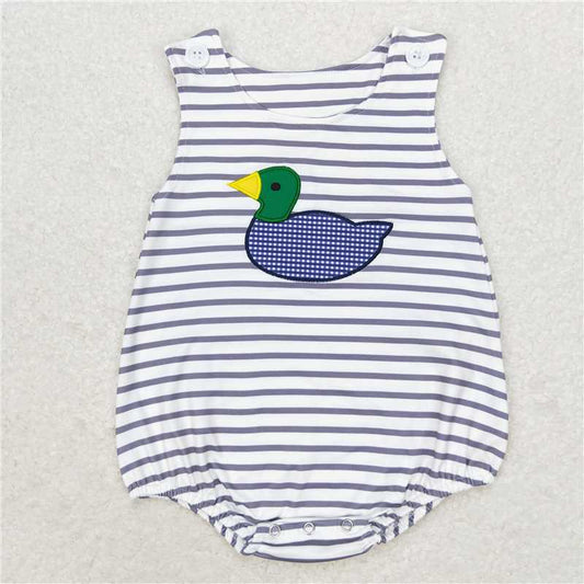 SR1592 Baby Boys Embroidery Blue Stripes Duck Summer Sleeveless Rompers