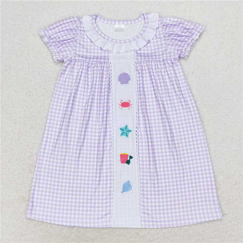 GSD1021  Baby Girls Toddler Lavender Checkered Sea Beach Knee Length Dresses