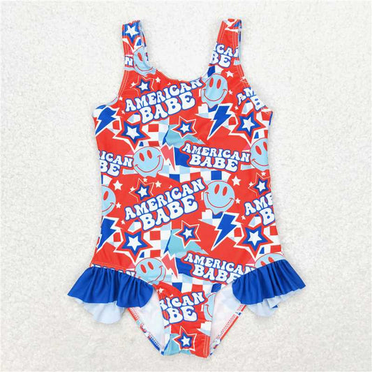 S0214  Baby Girls 4th Of July American Babe Ruffle One Piece Swimsuits