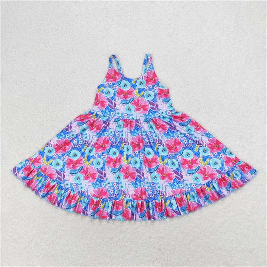 GSD1226 Baby Girls Pink Blue Flowers Straps Ruffle Knee Length Dresses