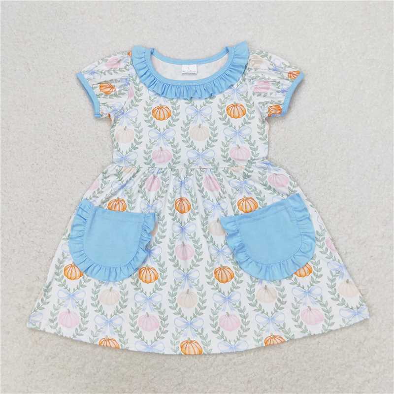 GSD1269  Baby Girls Fall Pumpkin Leaves Pockets Knee Length Dresses