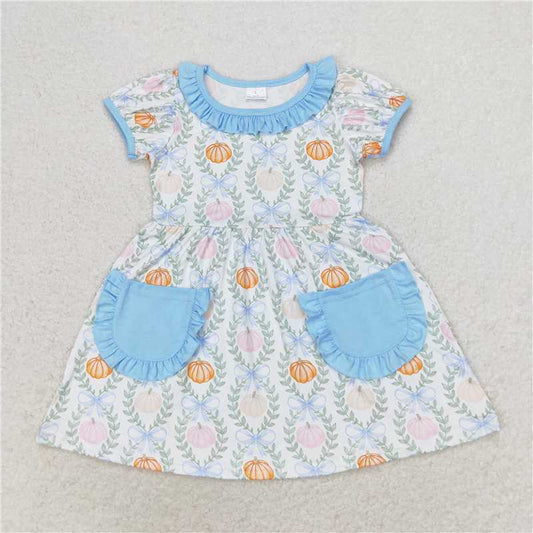 GSD1269  Baby Girls Fall Pumpkin Leaves Pockets Knee Length Dresses