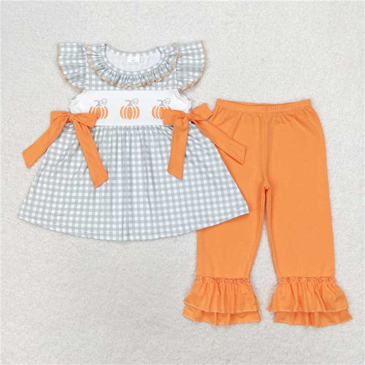 GSPO1533 RTS NO MOQ Baby Girls Spring Outfits Pumpkin orange bow green plaid flying sleeve trousers suit