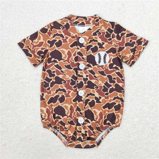 SR1684 Baby Infant Boys Camo Baseball Buttons Short Sleeve Rompers