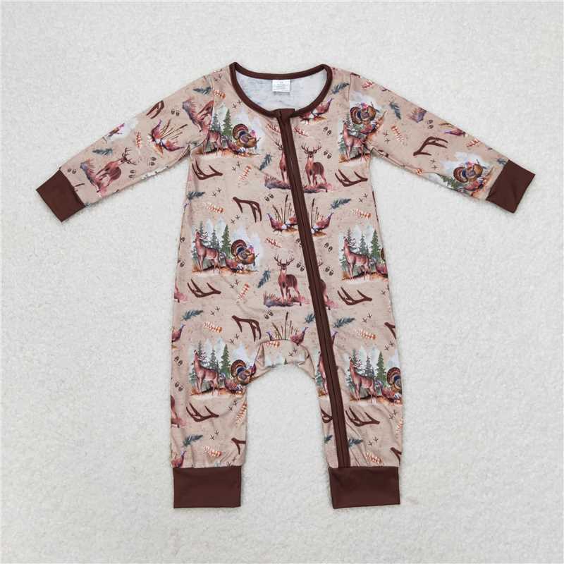 USA Shop (in stock) LR1014RTS NO MOQ Baby Boys Winter Outfits  Modal Deerhorn Turkey Brown Zipper Long Sleeve Bodysuit
