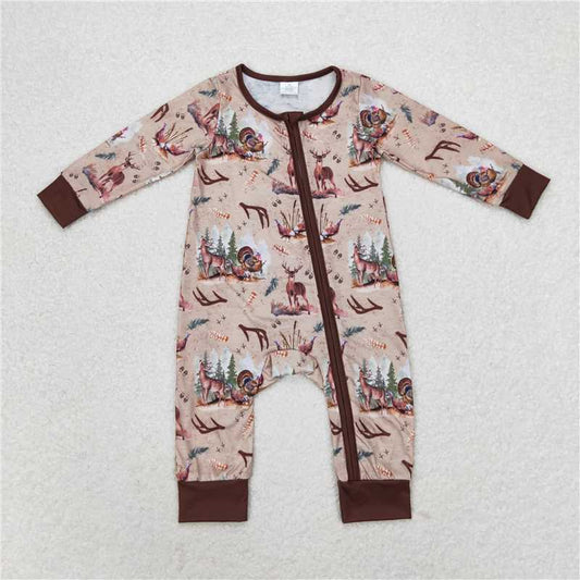 USA Shop (in stock) LR1014RTS NO MOQ Baby Boys Winter Outfits  Modal Deerhorn Turkey Brown Zipper Long Sleeve Bodysuit