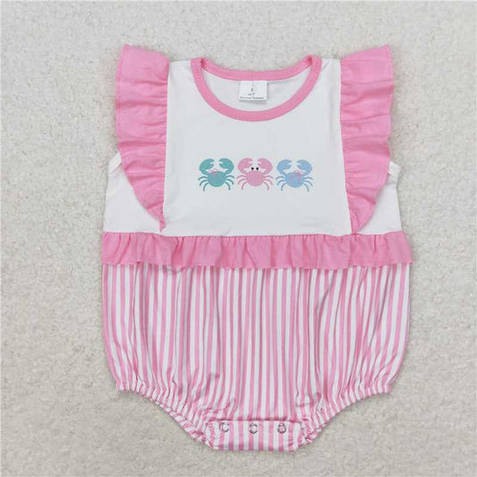 SR1676 Baby Infant Girls Pink Stripes Crabs Rompers