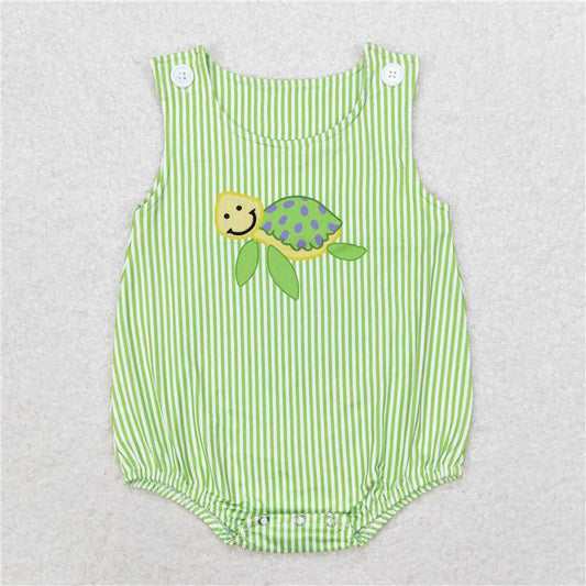 SR1093 Baby Infant Boys Green Stripes Turtle Sleeveless Summer Rompers