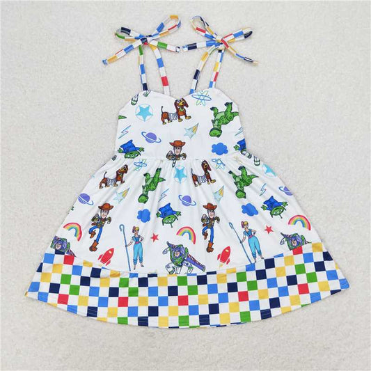 GSD1350  Plaid straps dinosaur toy ruffle kids girls dresses