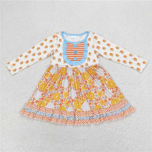 GLD0531  Baby Girls Fall Pumpkin Ruffle Long Sleeve Knee Length Dresses