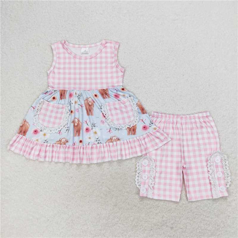 GSSO1161 Alpine Bullhead Flower Pink and White Plaid Pocket Light Blue Sleeveless Shorts Set