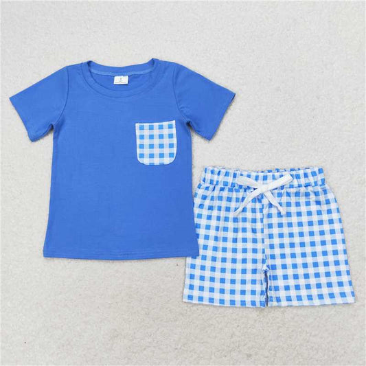 BSSO0865 Baby Boys Blue Shirt Top Checkered Pockets Shorts Clothes Sets
