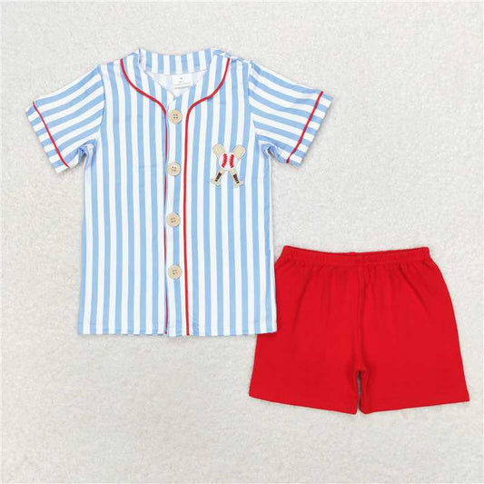 BSSO0800  Baby Boys Blue Baseball Stripes Shirt Top Red Shorts Clothes Sets