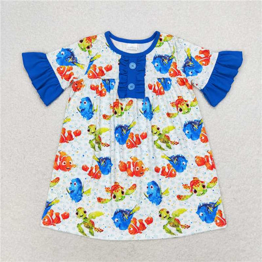 GSD1312  Baby Girls Fish Turtle Ruffle Pockets Knee Length Dresses