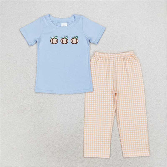 BSPO0371 Baby Boys Blue Short Sleeve Pumpkins Shirt Pants Clothes Sets