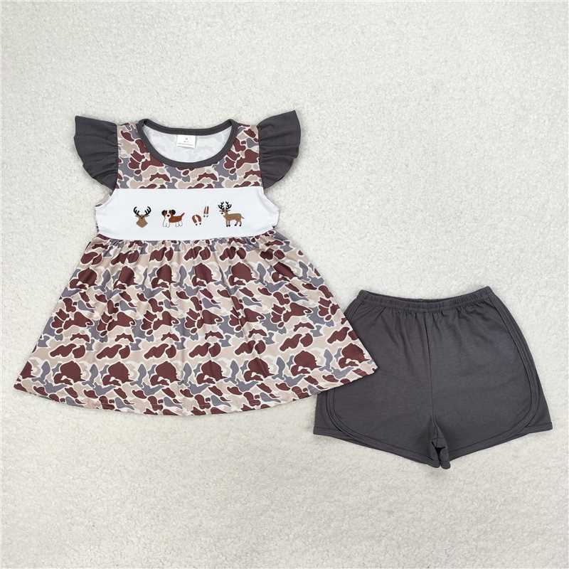 GSSO1358Flutter sleeves deer dog camo tunic shorts girls clothes