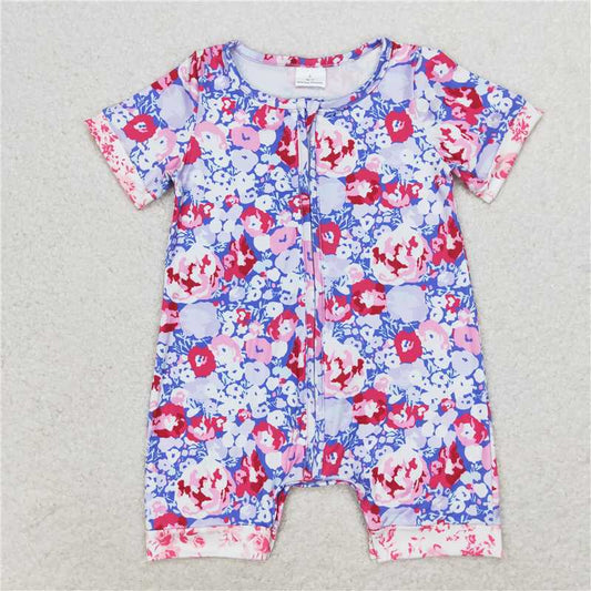 SR1767  Baby Infant Girls Purple Flowers Zip Short Sleeve Rompers