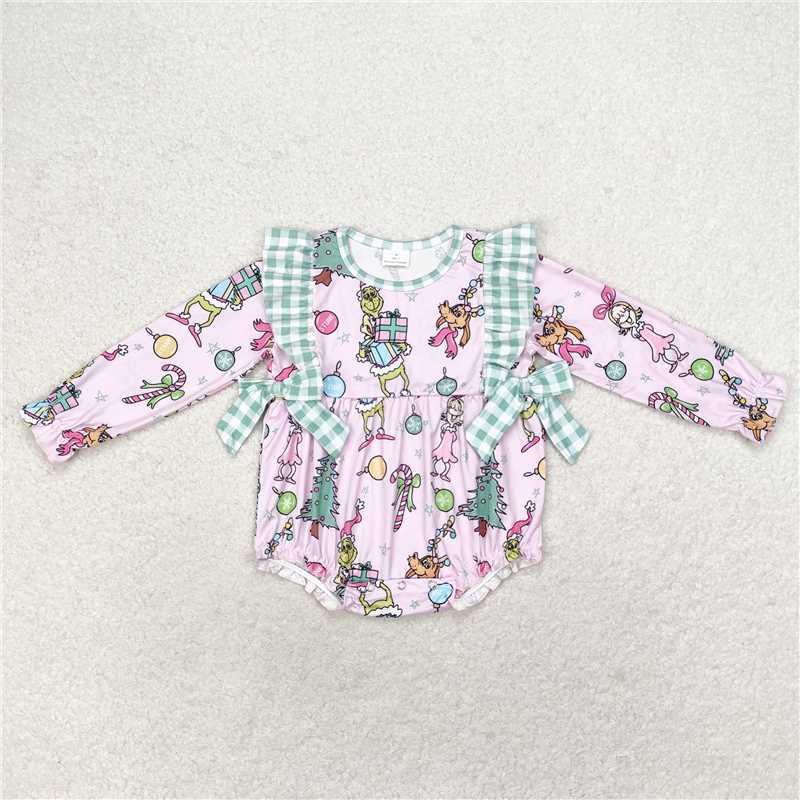 12.2 RTS NO MOQ （In stock）LR0998 Baby Infant Girls Pink Christmas Face Bows Rompers