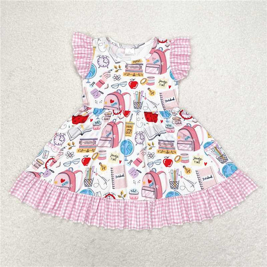 GSD1304  Baby Girls Back To School Pink Ruffle Knee Length Dresses